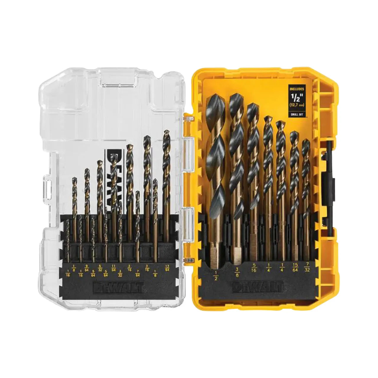 A yellow and clear plastic case holds the Go Build Black and Gold Drill Bit Set (21-Piece), featuring black-oxide coated bits in assorted sizes with clear size markings, neatly organized in two rows.